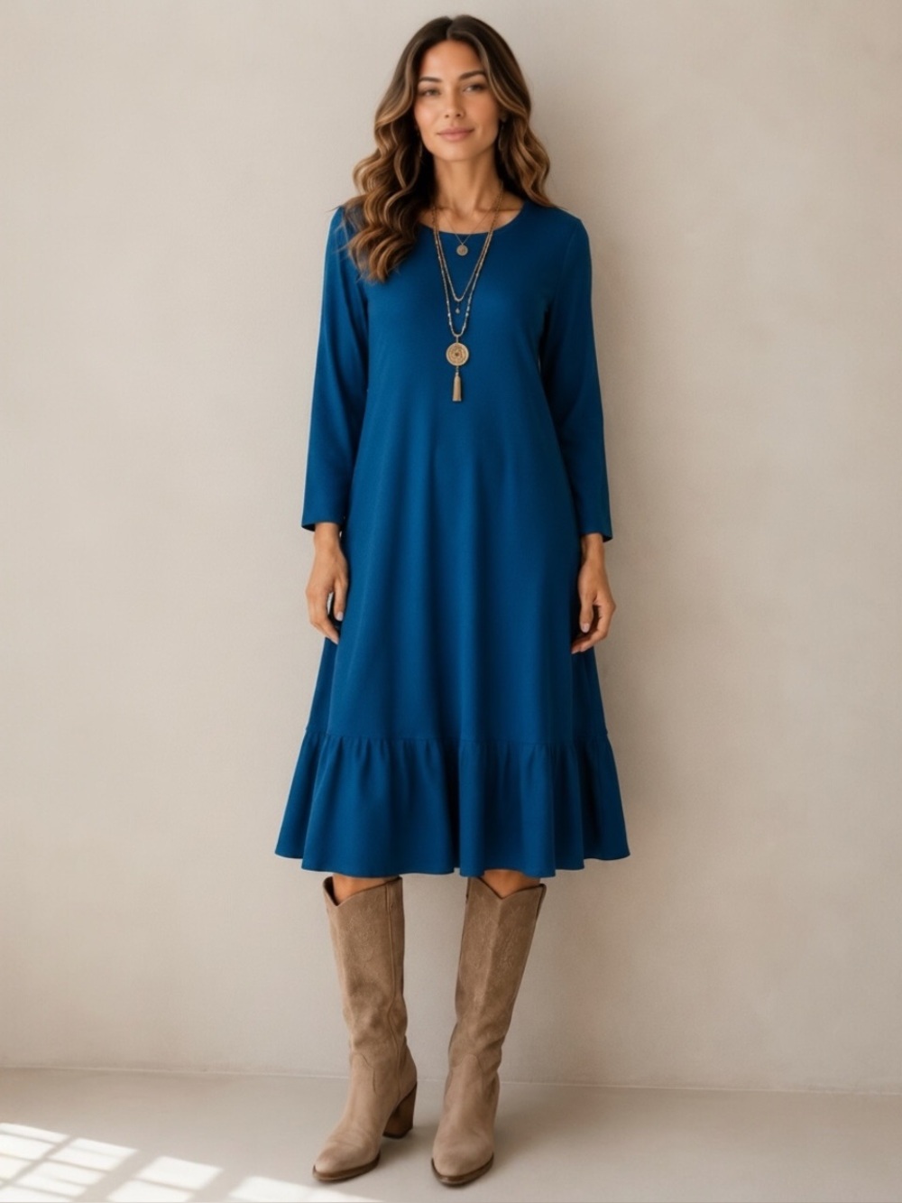NEW $109 J Jill Ponte Dress Blue Black Polka Dots Ruffle 3/4 Sleeve Stretch Sz M